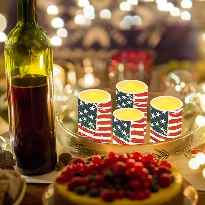 Flameless Electric Candles Decoration Lamp with Remote Timer Control Long Lasting for Fourth of July Party Decoration Home Indoor Outdoor Decor Pack of 4, American Flag Fashion