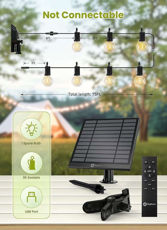 Brightown 75FT Solar String Lights Outdoor Waterproof with Remote, Solar Patio Lights with 35 Shatterproof LED Bulbs, 3 Light Mode, Dimmable & Timer, Hanging String Lights for Porch Garden Bistro