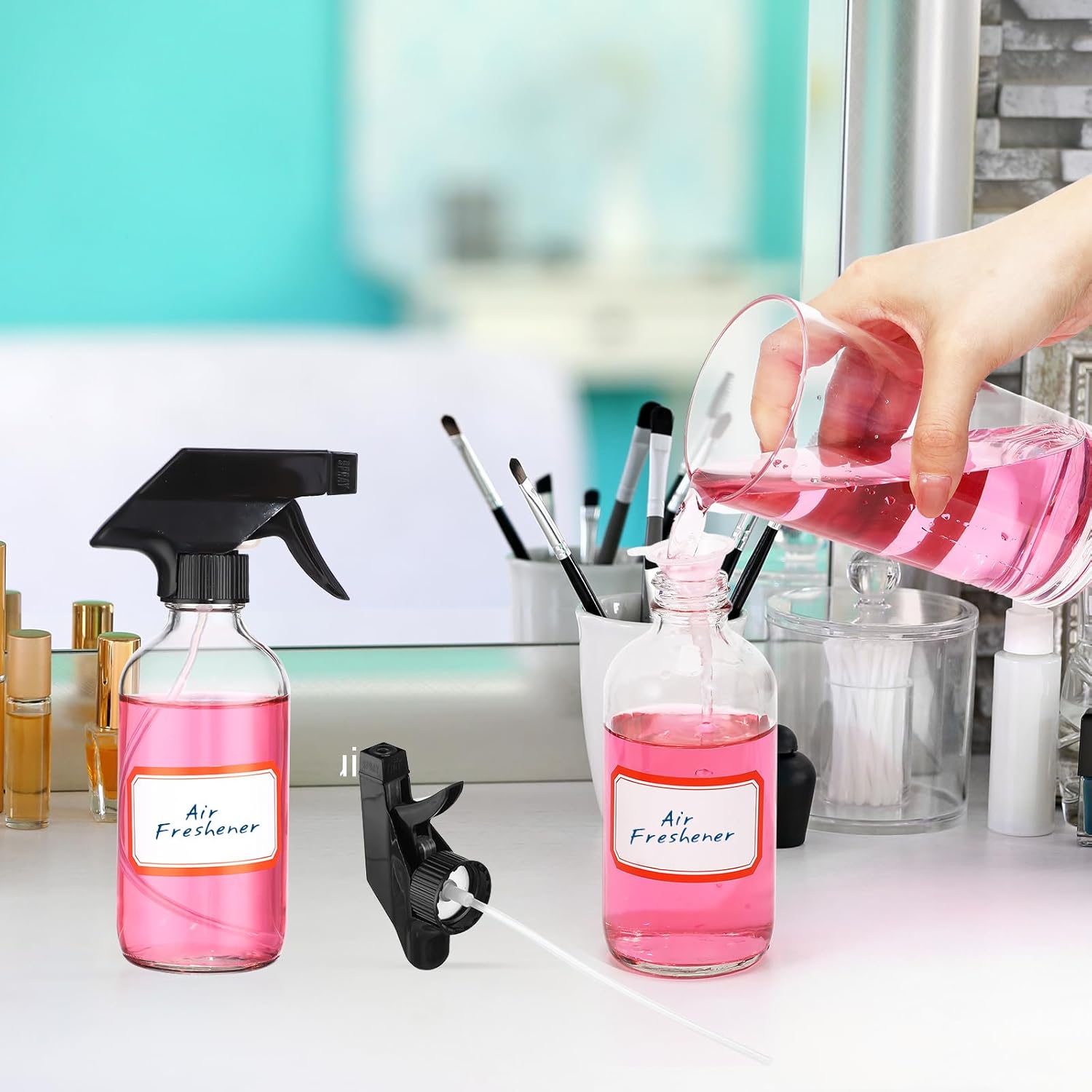 Norme 12 Pcs 8 oz Glass Spray Bottles with Funnels and Labels Refillable Cosmetic Empty Spray Bottles with Sprayer Containers for Essential Oil Cleaning Solutions(Clear,Classic)