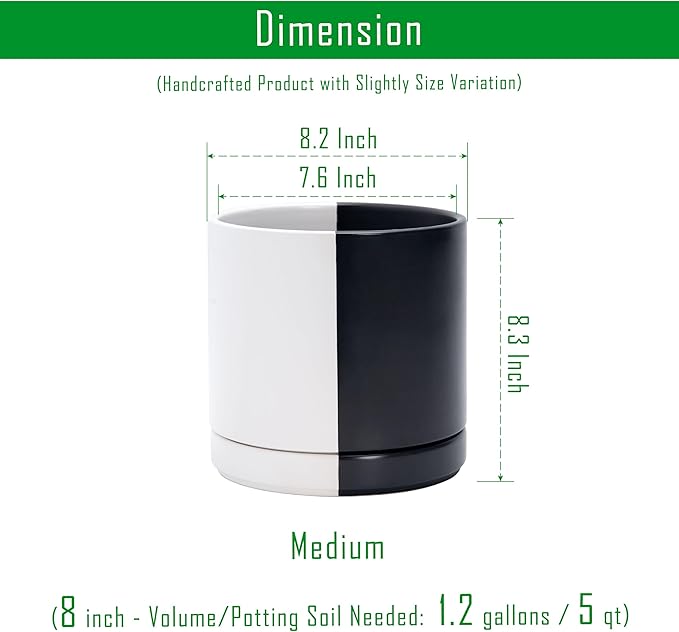 D'vine Dev 8.2 Inch Ceramic Planter Pot with Drainage Hole and Saucer, Indoor Cylinder Round Planter Pot, Split Monochrome Black & White, 94-O-D-0