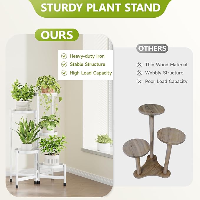5 Tier Metal Plant Stand Indoor, Rotatable Corner Plant Shelf Outdoor, Tiered Flower Pot Display Stand, Black Multiple Plants Holder for Patio Living Room Balcony Garden Home Decor - White