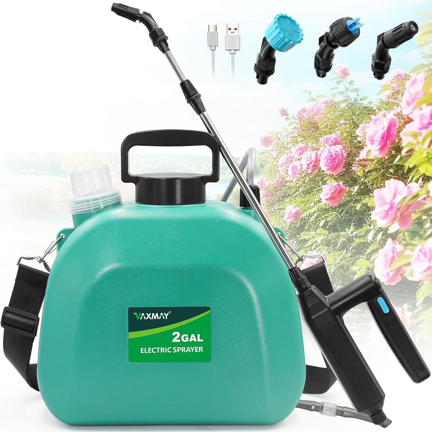 Battery Powered Sprayer 2 Gallon, Upgrade Powerful Electric Garden Sprayer with 3 Mist Nozzles, Rechargeable Handle, Retractable Wand, Adjustable Shoulder Strap for Lawn,Garden,Cleaning