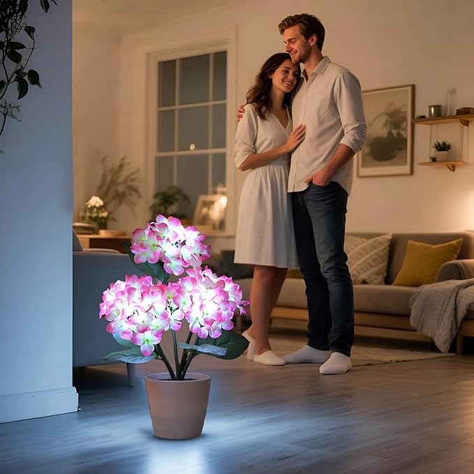 Pink Artificial Hydrangea LED Flower Pot - Lighted Floral Decor for Wedding, Christmas, Home Decor, Battery-Operated Night Light, Gift for Women