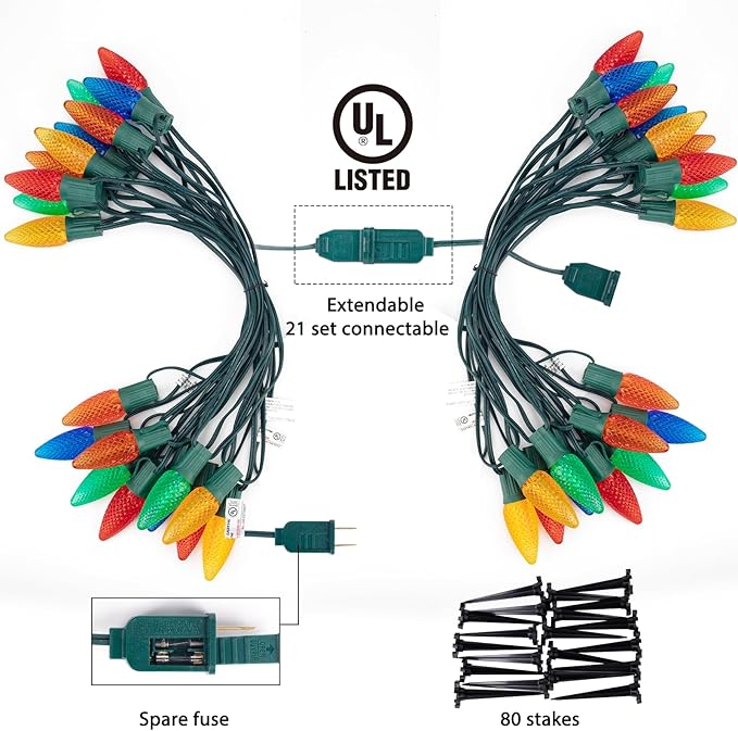 C9 Christmas Pathway Lights Outdoor, 25.7 Feet 20 LED C9 Strawberry Walkway Lights with Marker Stakes, Connectable Shatterproof C9 String Lights for Outside Yard Decorations, Multicolored, 4 Pack