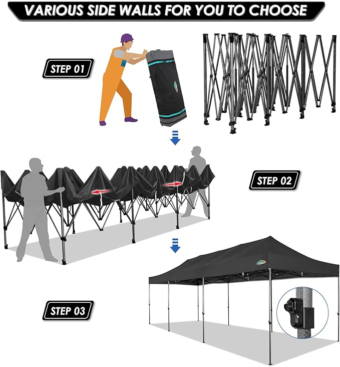 COBIZI 10x30 Pop up Canopy Tent 10x30 Canopy with Sidewalls, Heavy Duty Party Tent Tents for Parties, Foldable UPF 50+ Waterproof Commercial Easy up Canopy with Roller Bag, Black(Windproof Upgraded)