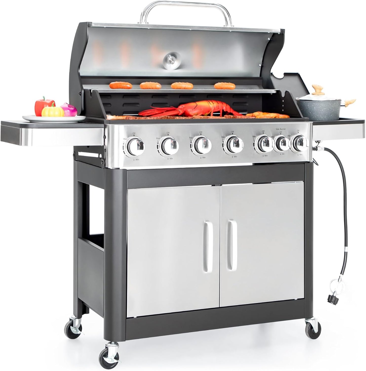 Captiva Designs 6-Burner Propane Gas BBQ Grill with Side Burner & Porcelain-Enameled Cast Iron Grate for Outdoor Kitchen & Backyard Barbecue, 65,800 BTU Output,665 SQ.IN. Cooking Area,Stainless Steel