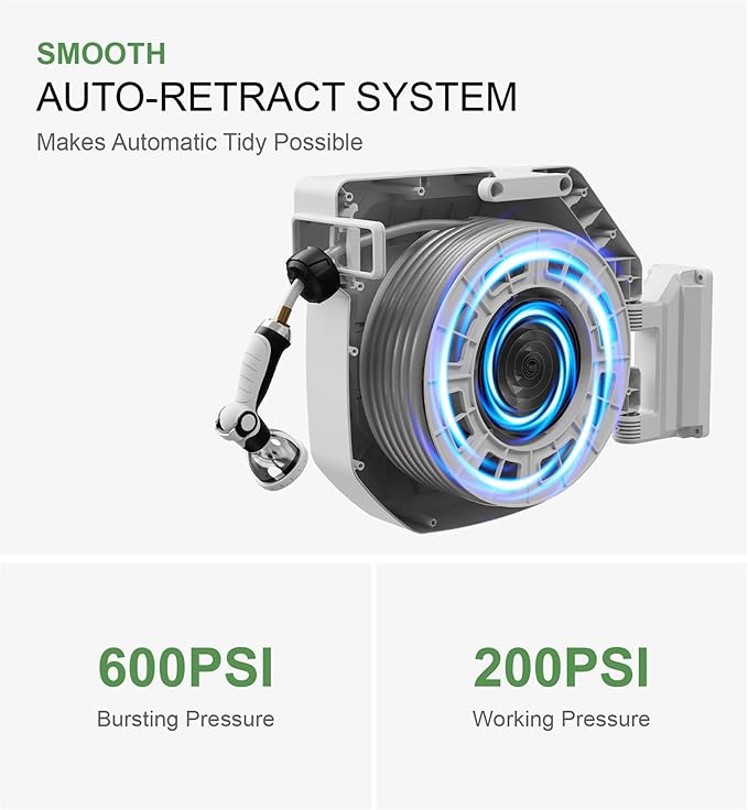 5/8" x 100 ft Heavy Duty Retractable Garden Hose Reel by HOZEREEL, Outdoor Garden Hose Reels - Self Retract Wall Mount Hose Reel Automatic Storage, Any Length Lock, 10 Pattern Nozzle