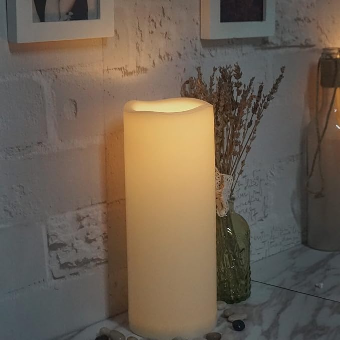 CANDLE CHOICE Waterproof Outdoor Battery Operated Flameless Candle Remote Timer Large Tall White Plastic Realistic Flickering Electric LED Pillar Lantern Garden Wedding Christmas Decorations 4”Dx10”H