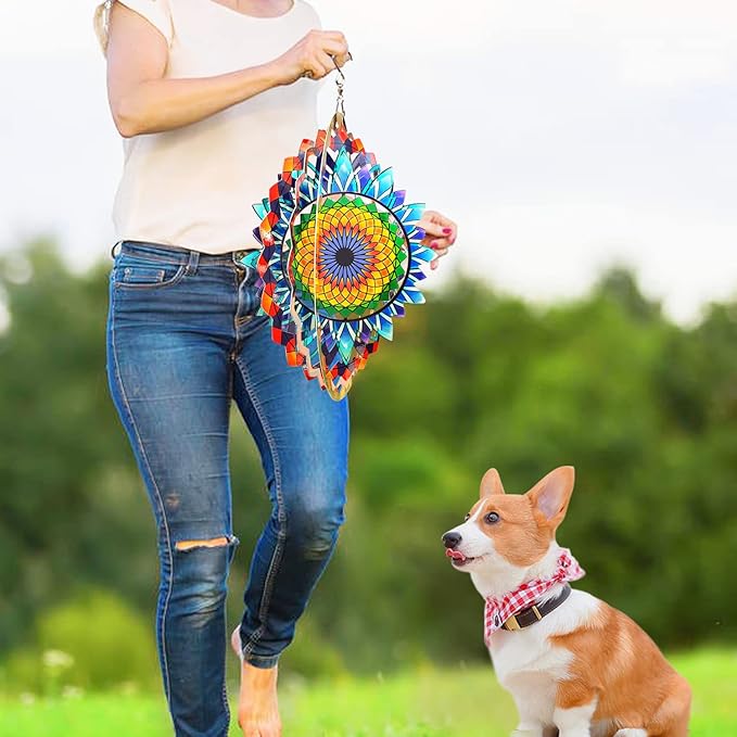 FONMY Wind Spinner Mandala Sun Flower 12 inches – 3D Stainless Steel – Laser Cut Metal Art Geometric Pattern - Hanging Wind Spinner, Kinetic Yard Art Decorations - Indoor/Outdoor Décor