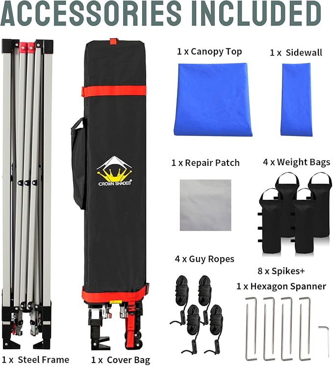 CROWN SHADES 10x10 Pop Up Canopy with 1 Side Wall - Beach Tent with One Push Setup - Outdoor Sun Shade for Events, Parties, Camping - Gazebo with STO-N-Go Cover Bag (Blue)