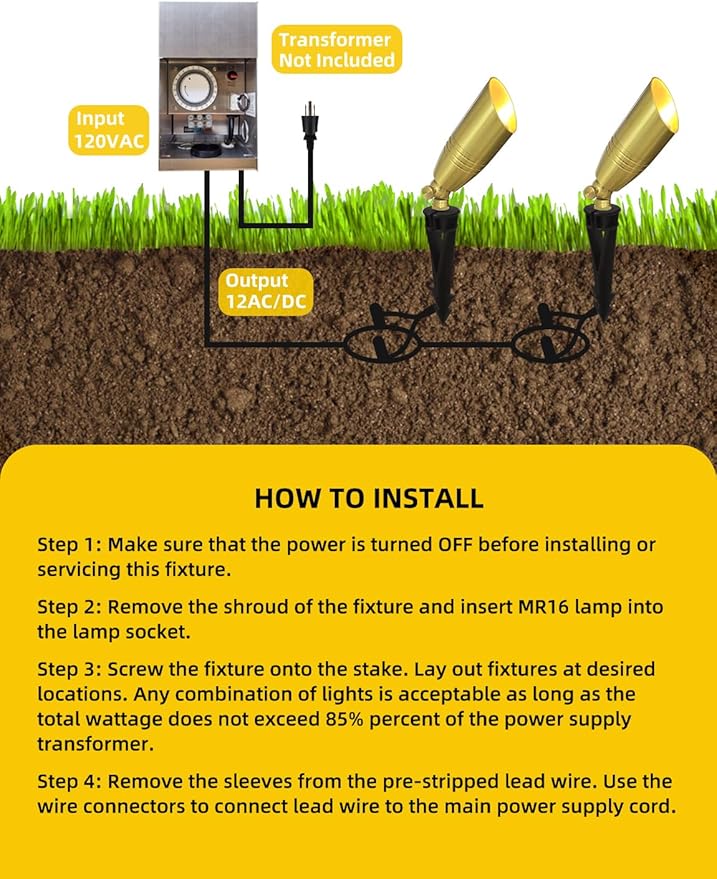 COLOER Die-cast Brass Landscape Spotlight 12-Pack with 5W Aluminum Housing LED MR16 Bulb,12V AC/DC Low Voltage Copper Outdoor Lighting, Directional Garden Patio Spot Up Light (102B Brass Finish)