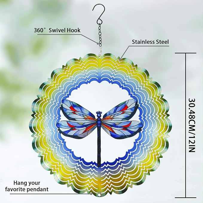 Dragonfly Metal Wind Spinners - Hanging Dragonfly Wind Spinner for Outdoor & Indoor Decorations, Dragonfly Gifts for Women Mom Grandma Wife, 12 inch 3D Wind Spinner for Ornament Gifts