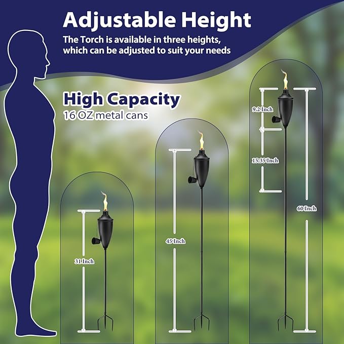 6 Pack Garden Torches for Outside， 22 oz Metal Citronella Torch with 3-Prong Grounded Stake, Perfect for Patio, Lawn, and Backyard Décor