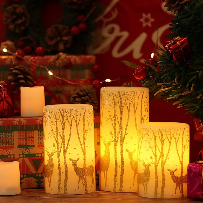 Gold Deer Flameless Candles with 6H Timer, Set of 3 Real Wax LED Flickering Candles, Christmas Pillar Candles with Gold Elk Decor for Home Party Decorations(H6 x D3)