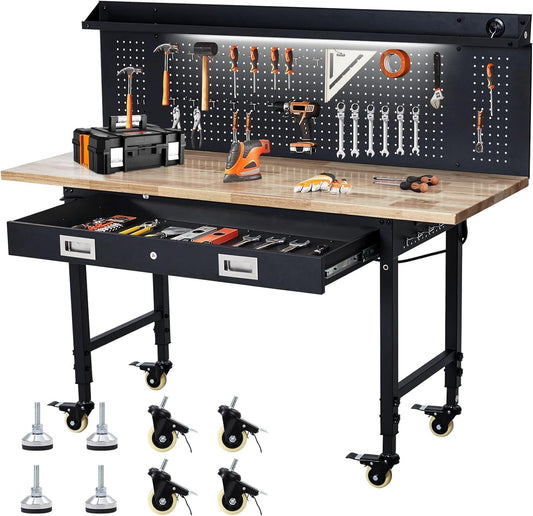 60-Inch Garage Workbench with Wheels, Adjustable Rubber Wood Top Garage Workbench with Pegboard & Drawer & Power Outlet, 2000 lbs Load Capacity, for Workshop, Woodworking, Office