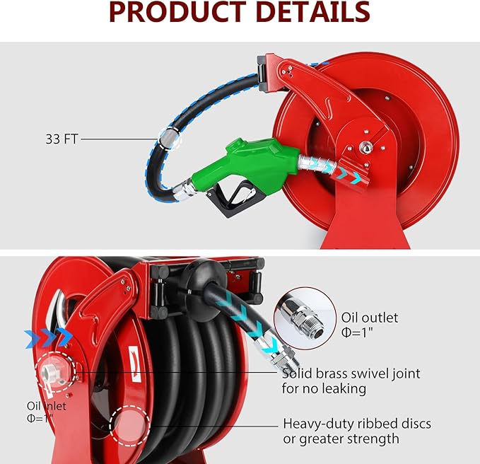 Fuel Hose Reel with Fueling Nozzle, 1" x 33FT Retractable Diesel Hose Reel, 300 PSI Industrial Heavy Duty Auto Swivel Rewind Hose Holder Reels, for Vehicle Tank Truck Trailer Ship