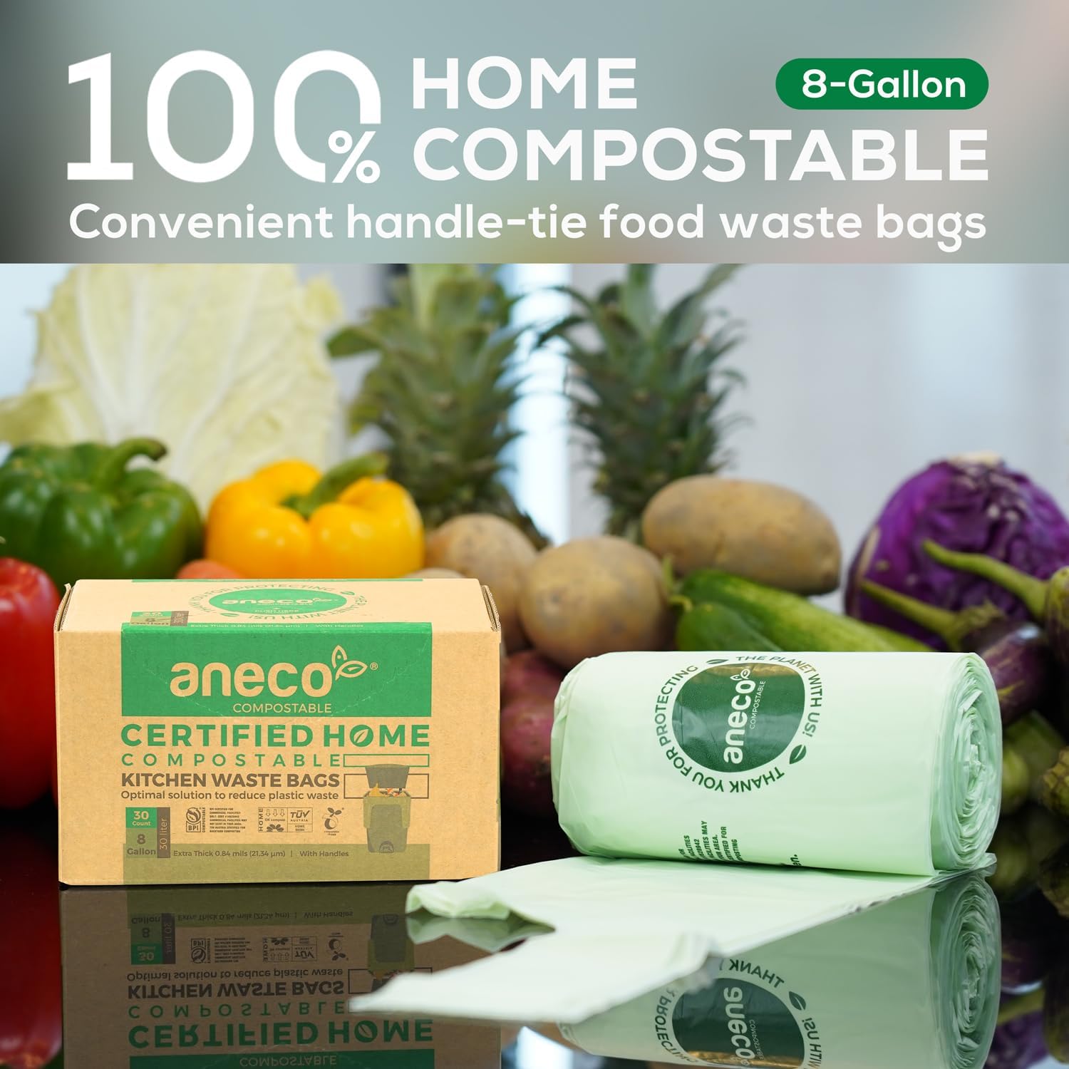 ANECO 8 Gallon Compostable Kitchen Food Waste Bags with Handles (30 Count), Leak-proof Compost Bags for Tall Kitchen Bin, Large 8 Gallon Bags Certified by BPI & OK Compost HOME