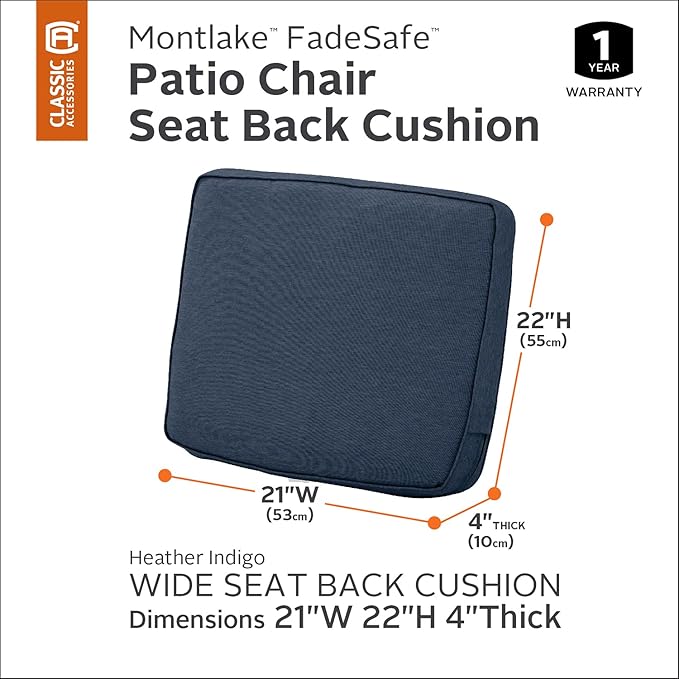 Classic Accessories Montlake Water-Resistant 21 x 22 x 4 Inch Patio Lounge Back Cushion, Heather Indigo Blue, Outdoor Loveseat Cushions