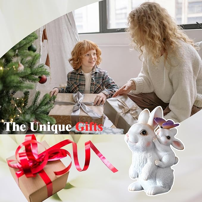 Garden Outdoor Statues Rabbit with Solar Lights,Mother&Baby Bunny Figurine with Solar Butterfly Changing Lights for Yard Art Garden&Patio Decor,Unique Easter&Birthday Gifts for Women Mom Grandma