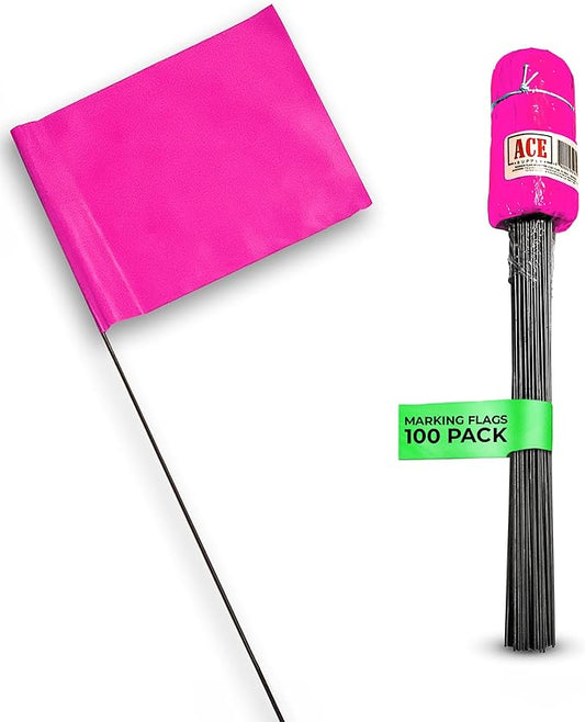 Fluorescent Pink Marking Flags, 100 Pack - 4x5-Inch Marker Flags - 15-Inch Wire - for Lawn, Irrigation, Dog Training, Landscape, Survey