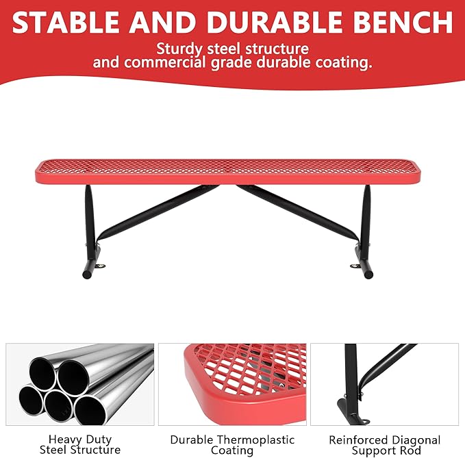 6 Feet Heavy Duty Metal Park Bench for Outside, Outdoor Bench with Portable Frame, Commercial Benches for Shopping Mall, Store, Park, Patio, Deck, Red