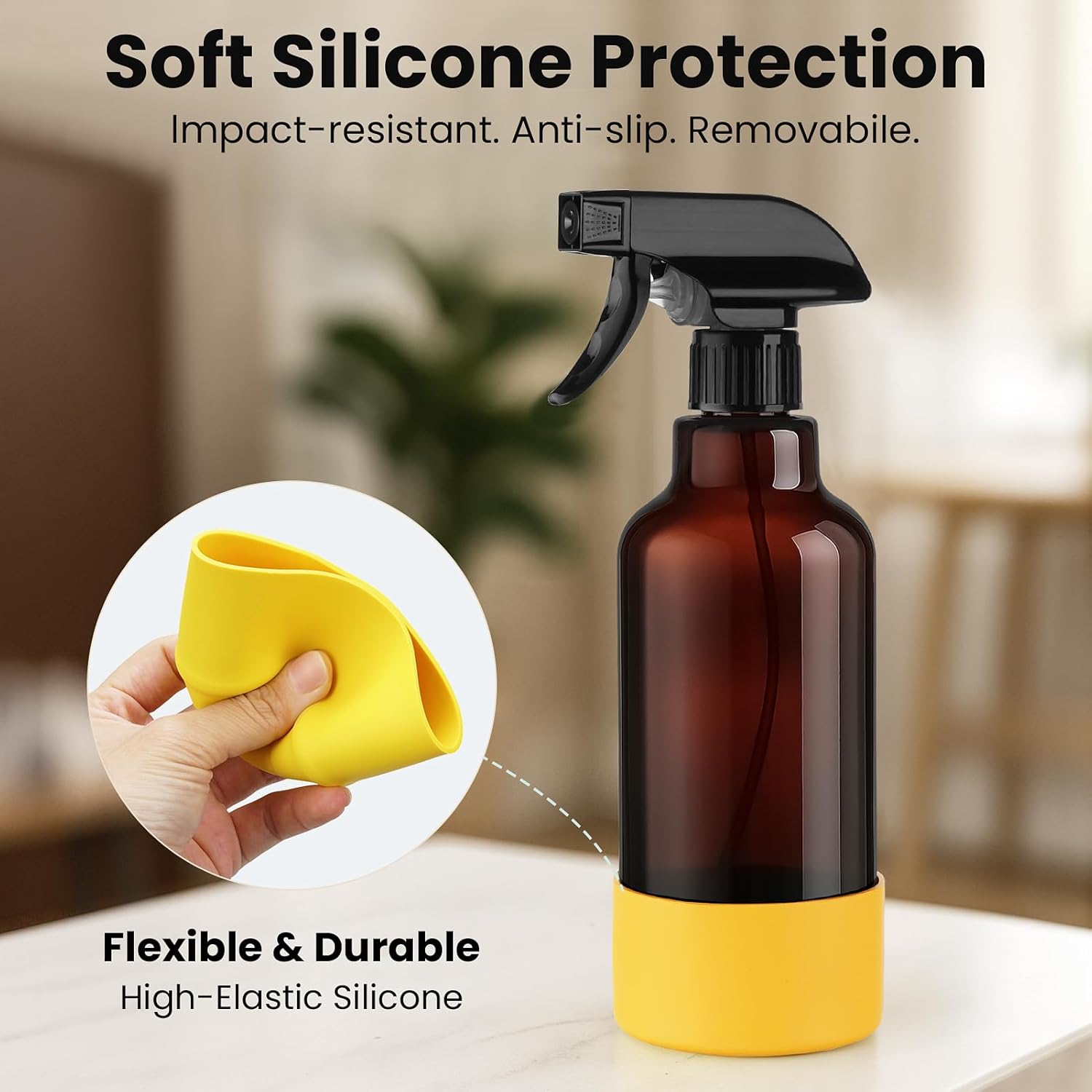 Glass Spray Bottles with Silicone Sleeve 16.9oz 2 Pack Empty Spray Bottle for Hair Mist/Stream Spraying for Cleaning Solutions, Plants, Essential Oils (Brown-green&yellow)