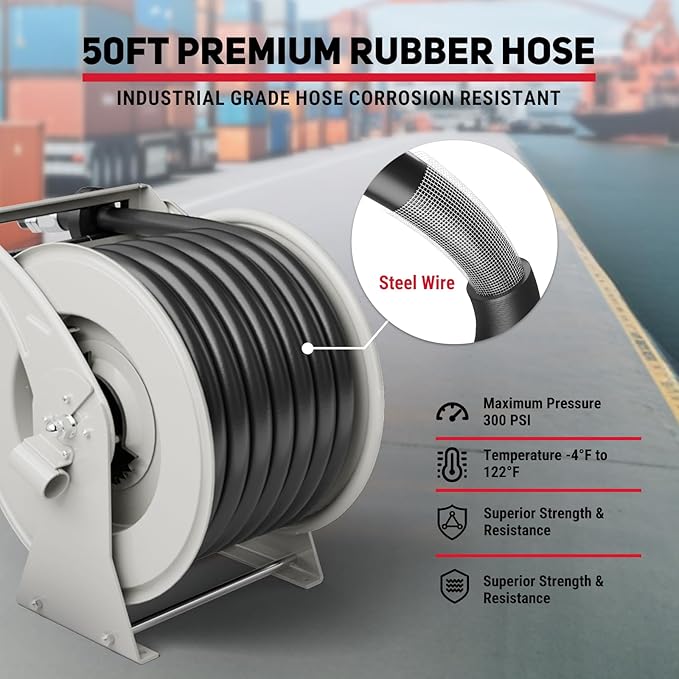 Diesel Fuel Hose Reel 1" x 50FT 300PSI Retractable Fuel Hose Reel Heavy-Duty Steel Ratchet Spring Driven Professional Diesel Hose Reel Auto Swivel Rewind with Fuel Nozzle for Vehicle Tank Truck Ship