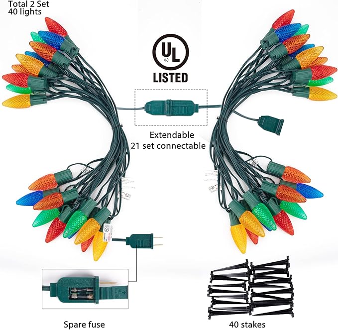 Brightown Strawberry C9 Christmas Pathway Lights, 25.7 Feet Walkway String With 20 Clear Bulbs and Stakes, Connectable Outdoor Decoration for Outside Lawn, Multicolor