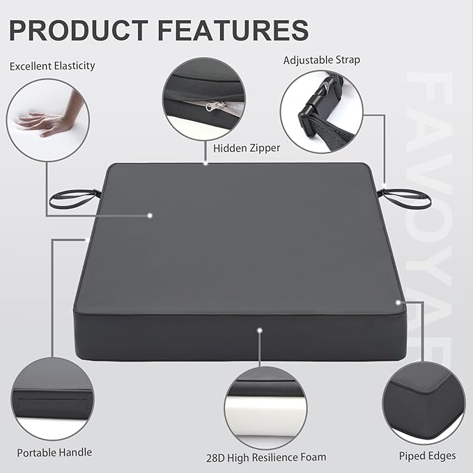 Favoyard Patio Chair Cushions 19 x 19 x 3 Inch Waterproof Outdoor Seat Cushions for Patio Furniture 3-Year Color Fastness Garden Sofa Couch Pads with Handle & Adjustable Straps Set of 2, Dark Grey