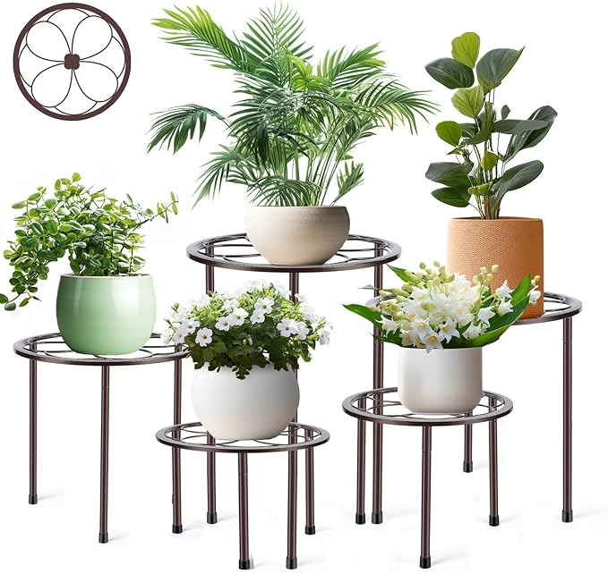 5 Pack Metal Plant Stand, Anti-Rust Iron Plant Stands for Indoor and Outdoor, Heavy Duty Flower Pot Stands for Multiple Plant, Black Potted Plant Holder for Garden Home (5 Pack Brown)