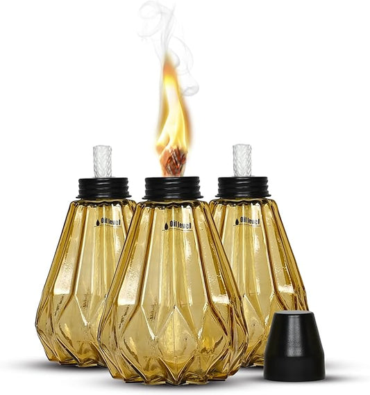 Deco Window Pack of 3 Table Torch for Indoor Outdoor Citronella Oil Tabletop Glass Lamp Landscape Yellow Lantern with Fiberglass Wick & Cap for Garden Patio Yard Party Decor Light