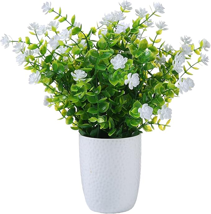 Artificial Plants Flowers Grass Shrubs 8 Pack No Fade Faux Plastic Flowers Outdoor for Vases Farmhouse Garden Porch Patio Office Indoor Wedding Decoration Greenery Fake Plants (2#White)