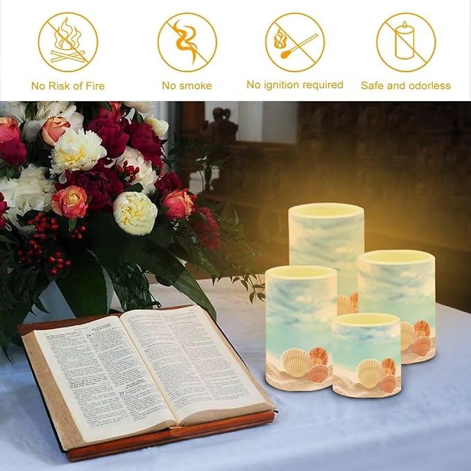 Flameless Candles Battery Powered LED Candle with Remote Timer Color Changing Control Set of 4 for Indoor Outdoor Beach Wedding Home Indoor Coastal Decor, Beach Seashell Blue