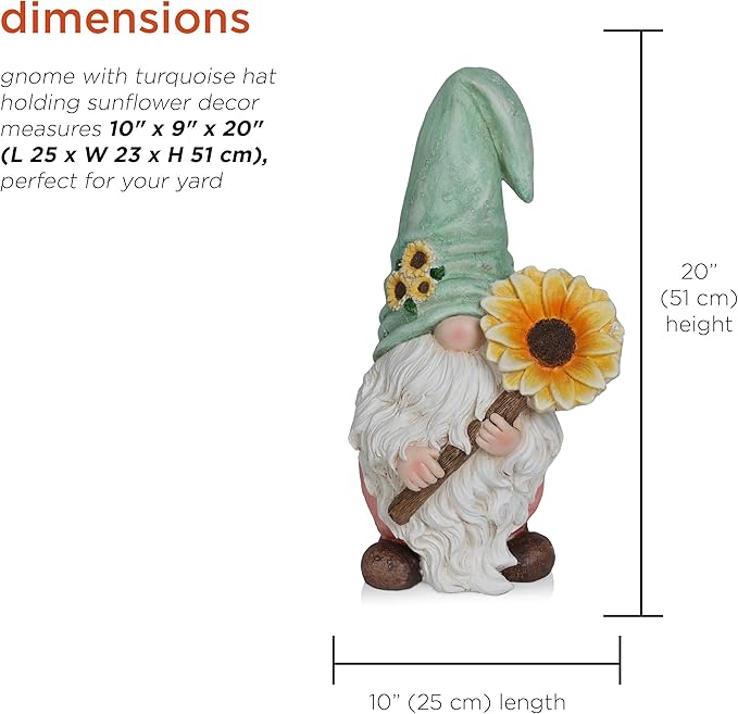 Alpine Corporation MCC842 Indoor/Outdoor Gnome Holding Sunflower Garden Statue, Charming Gnome Statue w/Hat, 21" H, Turquoise