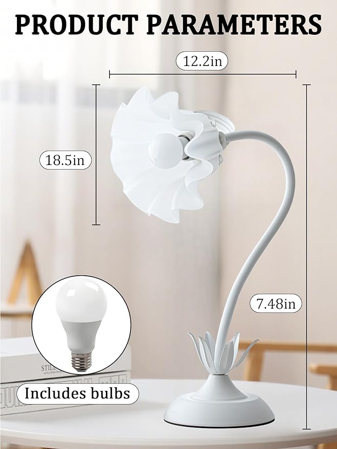 Flower Table Lamp,LED Reading Light Bedside Vintage Flower Night Light,3 Colors Modes Kawaii Bedside Lamps Decor,Living Room Bedroom Room Lighting Table Lamps Home Decoration (White)