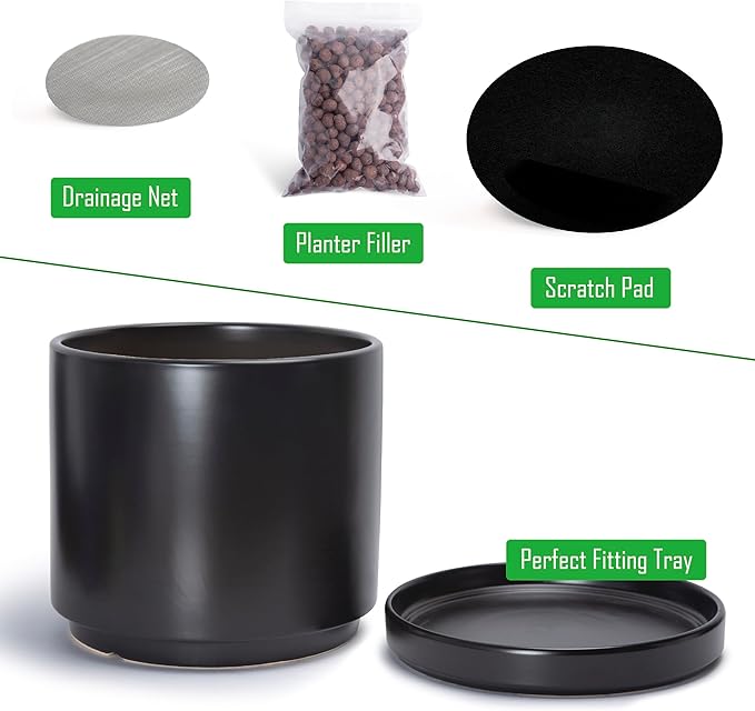 D'vine Dev 14 Inch Ceramic Planter Pot with Drainage Hole and Saucer, Indoor Cylinder Round Planter Pot, Black, 94-O-G-2