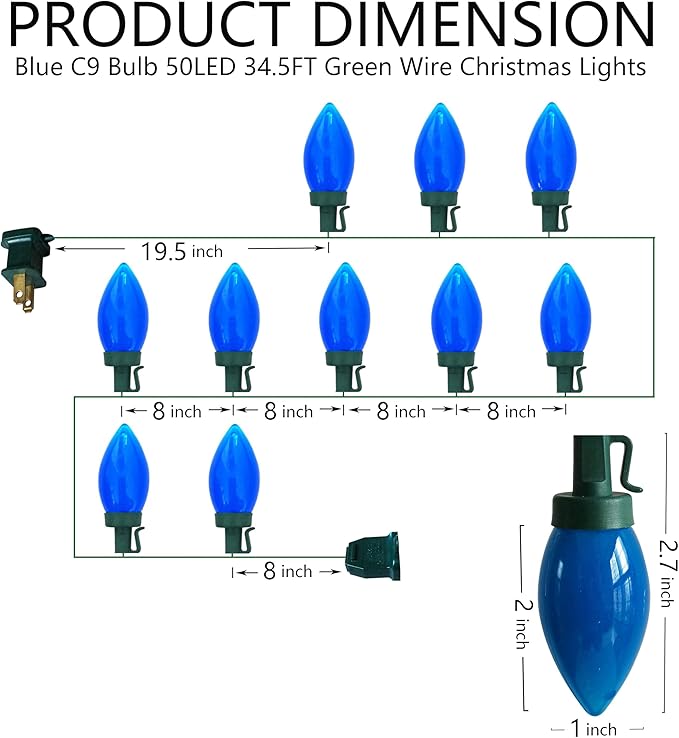 C9 Christmas Lights Outdoor 50 LED Blue Strawberry 34.5ft Waterproof Xmas String Light for Garden Yard Home Party Holiday Christmas Tree Indoor Decoration(Blue)