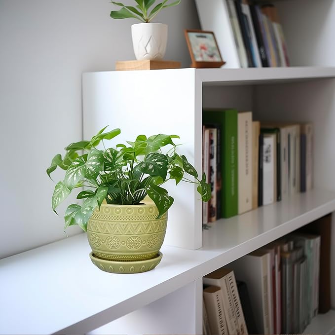 G EPGardening Indoor Plant Pot 5.5 Inch - Ceramic Planter with Drainage Hole and Saucer, Round Boho Plant Pot for Indoor Plants, Plant Lover Gifts, Home Garden Office Decor, Green
