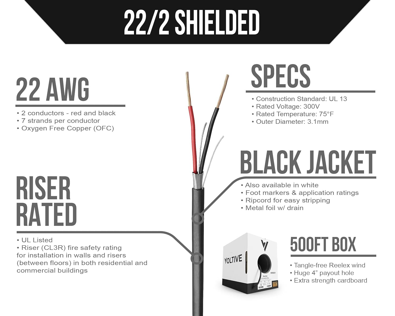 Voltive 22/2 Shielded Riser - CL3R Rated - Bare Copper - 500 Foot Box - Black