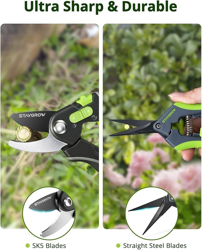 Garden Shears Set: 8.5" Bypass Pruning Shears & 6.5" Straight Trimming Scissors, Ultra-Sharp Garden Scissors with Stainless Steel Blades, Safety Lock, Gardening Gifts for Women Men, 2 Pack