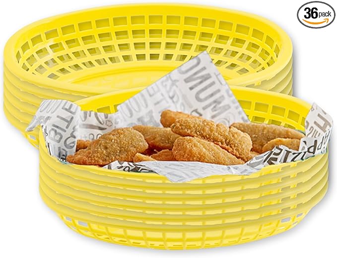 TableCraft C1074Y Oval Cash and Carry Basket, Yellow, Stackable Plastic Food Baskets, 9.31" x 6.18" x 1.88", Pack of 12, Dishwasher Safe