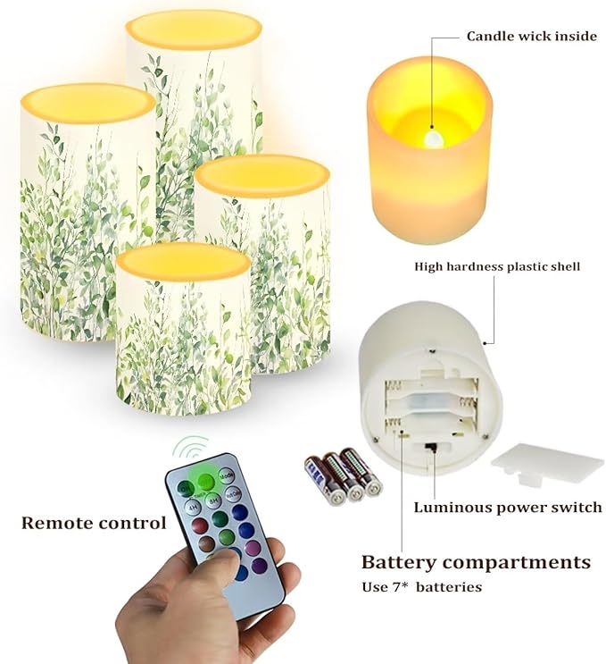 Flameless Light Candles 4 Pack Battery Operated with Color Changing Timer Remote Control Fake Pillar Candles Tealights Beach Wedding Home Indoor Decor, Leaf Green White
