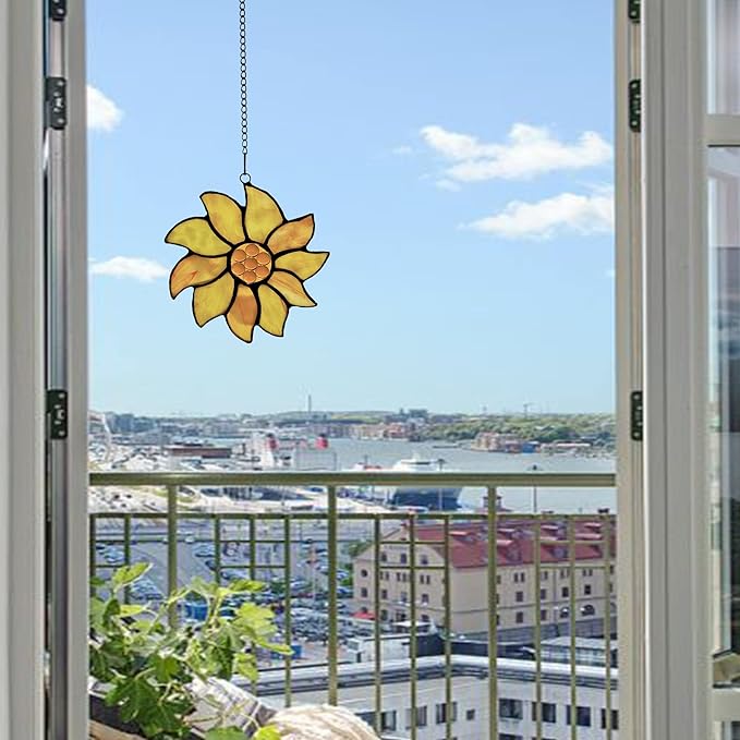 BOXCASA Farmhouse Summer Sunflower Stained Glass Window Hangings,Sunflower Lover Gifts for Women,Best Thank You Teacher Gift,Handmade Sunflower Art Decorations Gift for Mom Grandma Nana Aunt