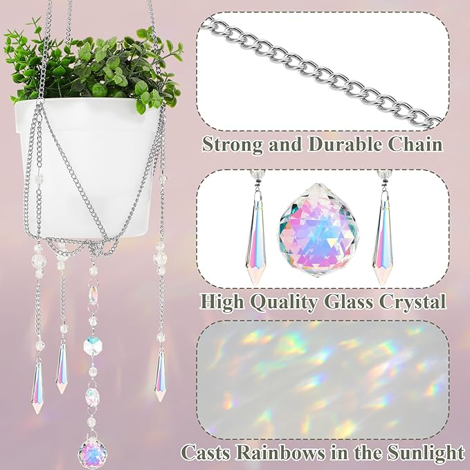 Chunful 3 Pack Sun Catcher Plant Hanger with Beads and Glass Crystal Beaded Plant Hanger Sun Catchers Kit Hanging Basket Accessories for Indoor Home Rainbow Decor, Pots Not Included (Silver)