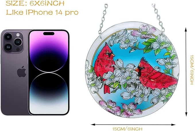 Cardinal Stained Glass Suncathers Window Hangings Color Glass Suncathers 6 inch Cardinal Colorful Glass Panel Sun Catchers for Cardinal Gifts, Home Garden Christmas Party Wedding Décor