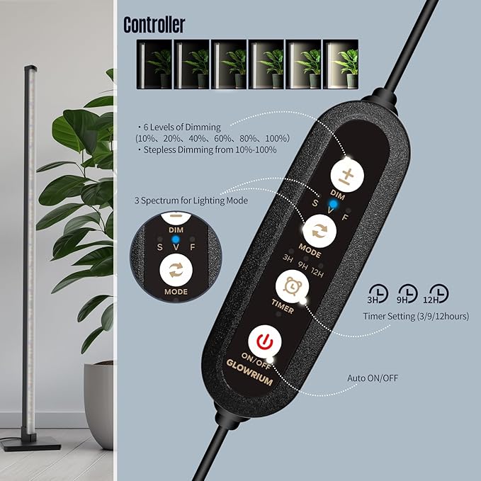 GLOWRIUM Standing Grow Light for Indoor Plants,45in Full Spectrum Vertical Plant Light,3 Light Modes,Auto-Timer,6-Level Dimmable,Suitable for Wide Area Coverage in Indoor Plants (3-Section)