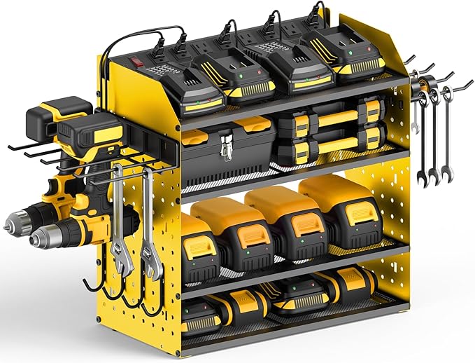CCCEI Modular Desk Power Tools Organizer with Charging Station, 4 Layer Drills Battery Storage Wall Mount, Garage Shop Organization, Anniversary, Birthday, Gifts for Men, Father, Yellow, 6FT Cord.