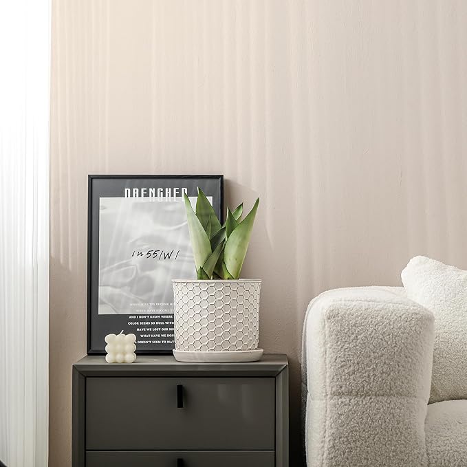 8 Inch Plant Pot: Ceramic Planter with Drainage Hole & Saucer - Flowerpot for Indoor & Outdoor Plants with Separate Tray for Home & Office - Honeycomb Design, Cream White