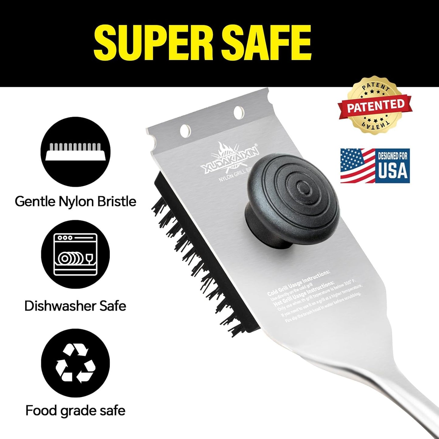 Grill Brush and Scraper, Dual Grip Design,Extra Strong BBQ Cleaner Accessories,Safe Nylon Bristles Barbecue Triple Scrubbers Cleaning Brush for Cast Iron Grates/Porcelain/Charcoal Grill