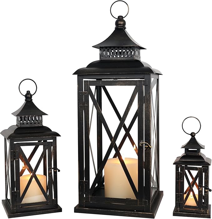 DECORKEY 3PCS (20’’&13’’&9’’) Lanterns Decorative Indoor & Outdoor, Vintage Metal Frame Candle Holders for Front Porch, Patio, Pathway, Balcony, Garden, Yard Decor, Halloween Christmas Decorations